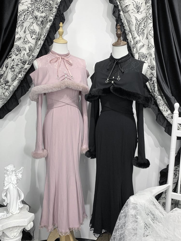 Kei Style Trim Innocent with Pink/Black Shoulder Fuzzy in Mermaid Dress: Jirai Knit Open Elegant