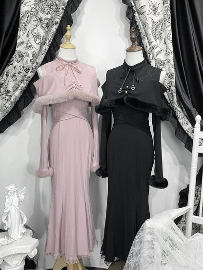 Kei Style Trim Innocent with Pink/Black Shoulder Fuzzy in Mermaid Dress: Jirai Knit Open Elegant
