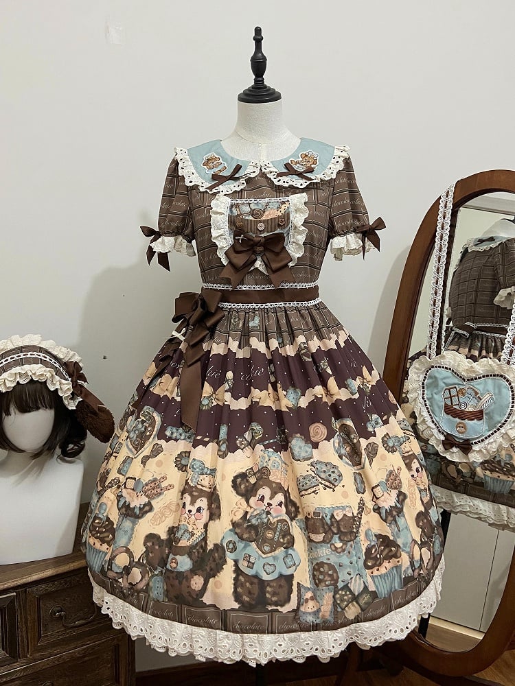 Puppy Sweet Full Cute Lolita Set Braune Taillenhohe und flauschige Kleid-Desserts