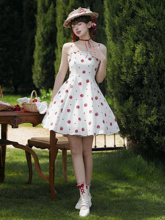 und weiß JSK süßes Kleid Polka Dots Sommer Lolita Erdbeere Sonne Druck