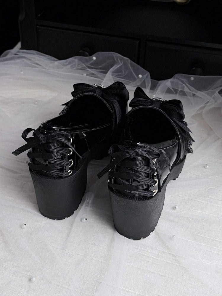 Black Kawaii Heart Crystal Shoes with Bow & Pearl Chain - Sarina