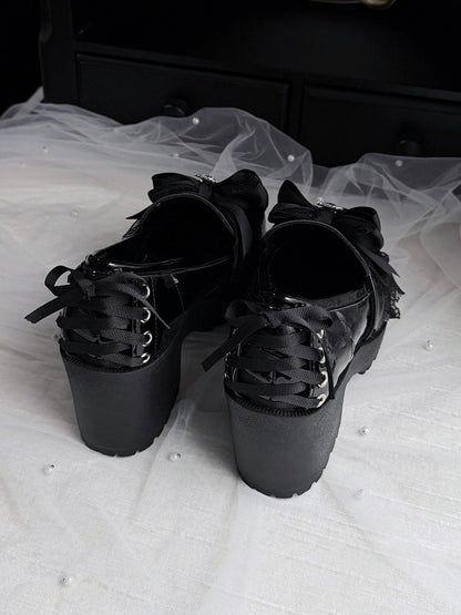 Black Kawaii Heart Crystal Shoes with Bow & Pearl Chain - Sarina