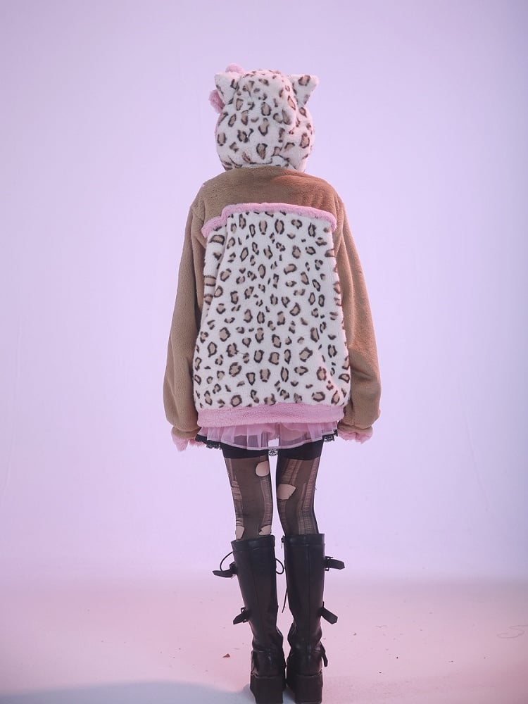 Braune und rosafarbene Plüschjacke mit Kapuze und Kätzchenohren im Leopardenmuster