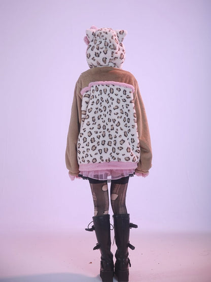 Braune und rosafarbene Plüschjacke mit Kapuze und Kätzchenohren im Leopardenmuster