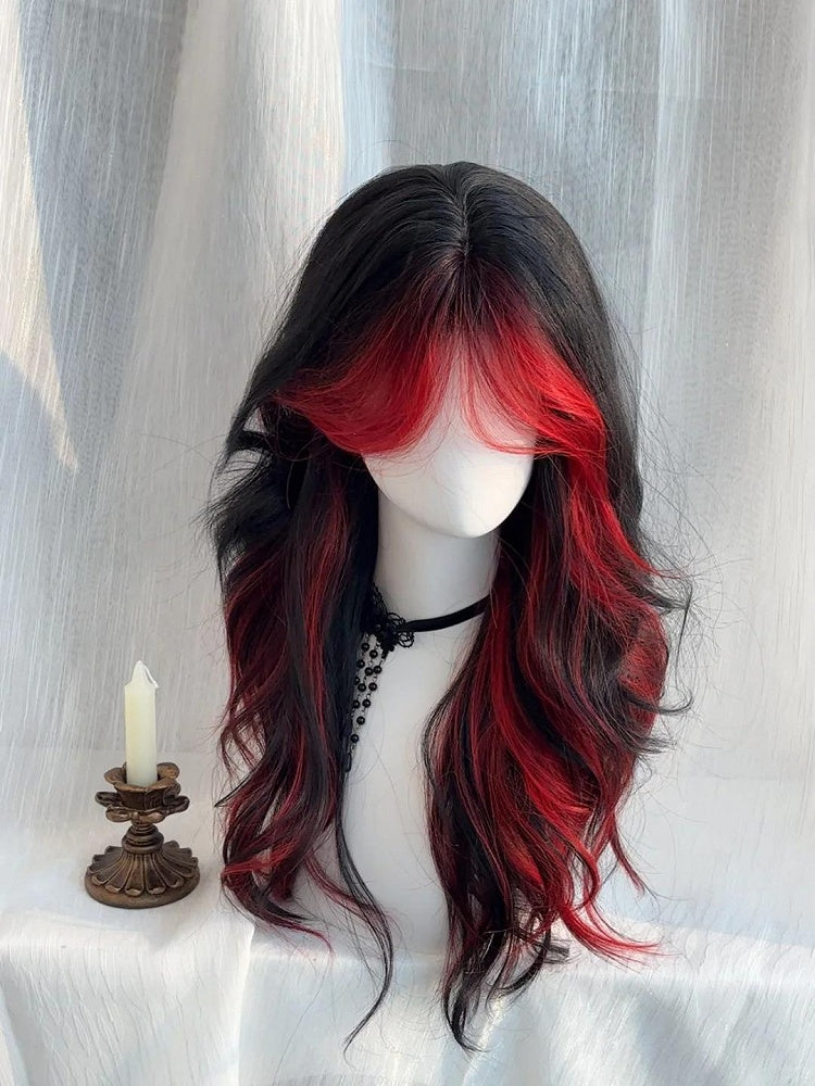 Wig Highlight with Curtain Wavy Long Black Bangs Red 65CM