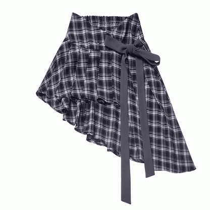 Plaid Skirt with Self-Tie Strap Black and White Asymmetrical Flounce Hem