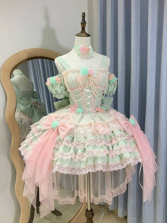 ジャンパーピンクグリーンドレススカートとロリータプリンセスフラワー花嫁妖精