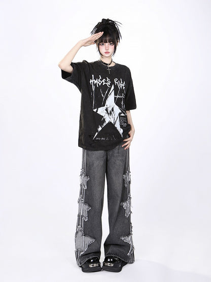 Black/White Vintage Washed Oversized Star Print T-Shirt