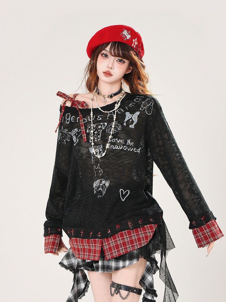 Asymmetrical Neckline Puppy Print Beige/Black Plaid Hem