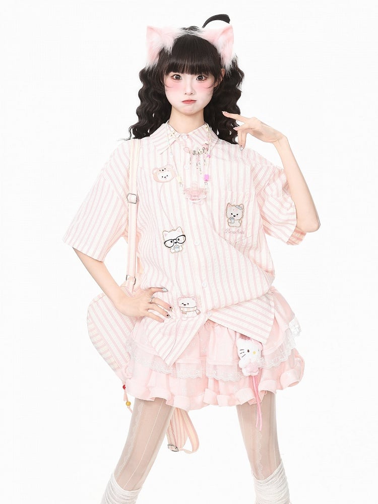 Kawaii Pink Striped Short Sleeve Shirt with Puppy Embroidery - Languid Park