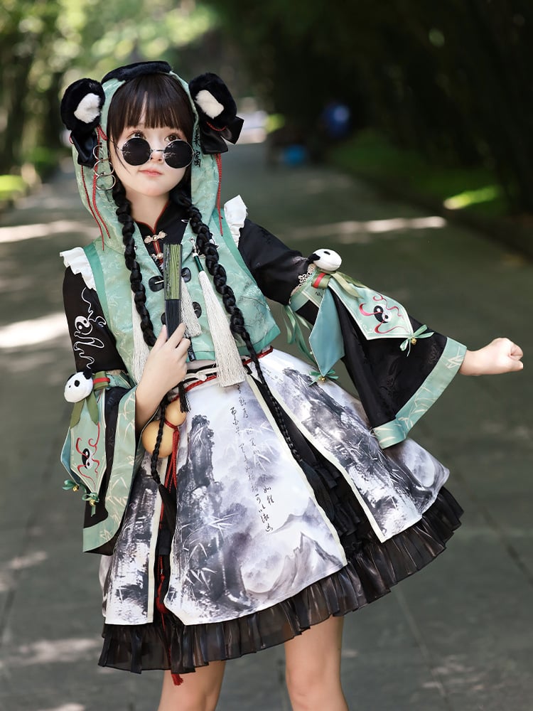Ear with Panda-Embroidered Mint Hooded Cropped Vest and Accents Green Tassels Plush