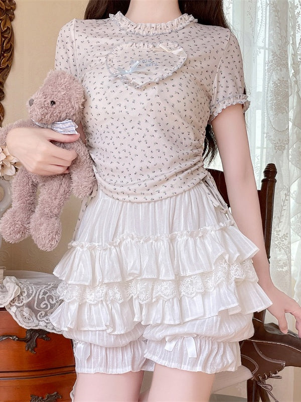Bloomer Lolita Blanc Multi-Couches avec Nœud et Volants Purs en Dentelle