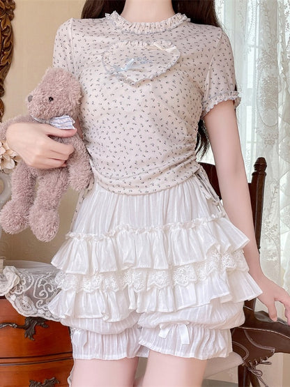 Bloomer Lolita Blanc Multi-Couches avec Nœud et Volants Purs en Dentelle