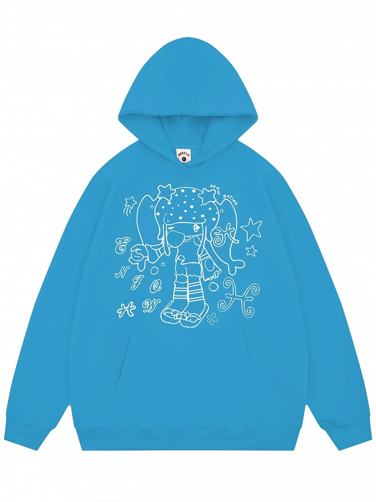 Cartoon Green/White/Blue Star Pocket Girl Daily Pattern and - Kawaii Convenient Hoodie