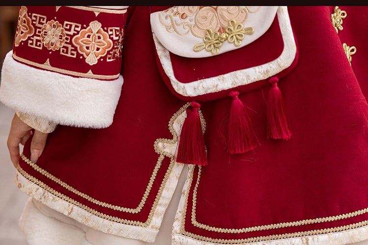 赤い新年の結び目ボタンのバンドカラーのロリータドレスベストタッセルクロスボディバッグフルセット