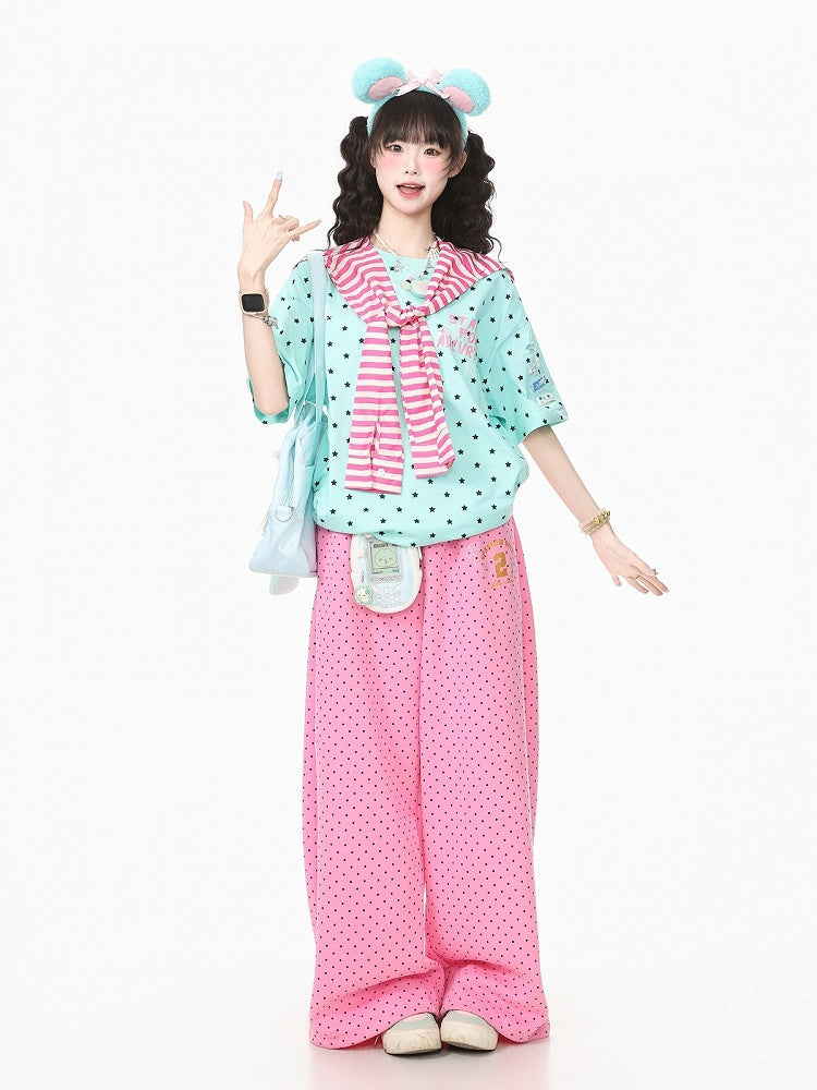 Green Star Print Tee with Stripe Shawl and Hairclip - Languid Park