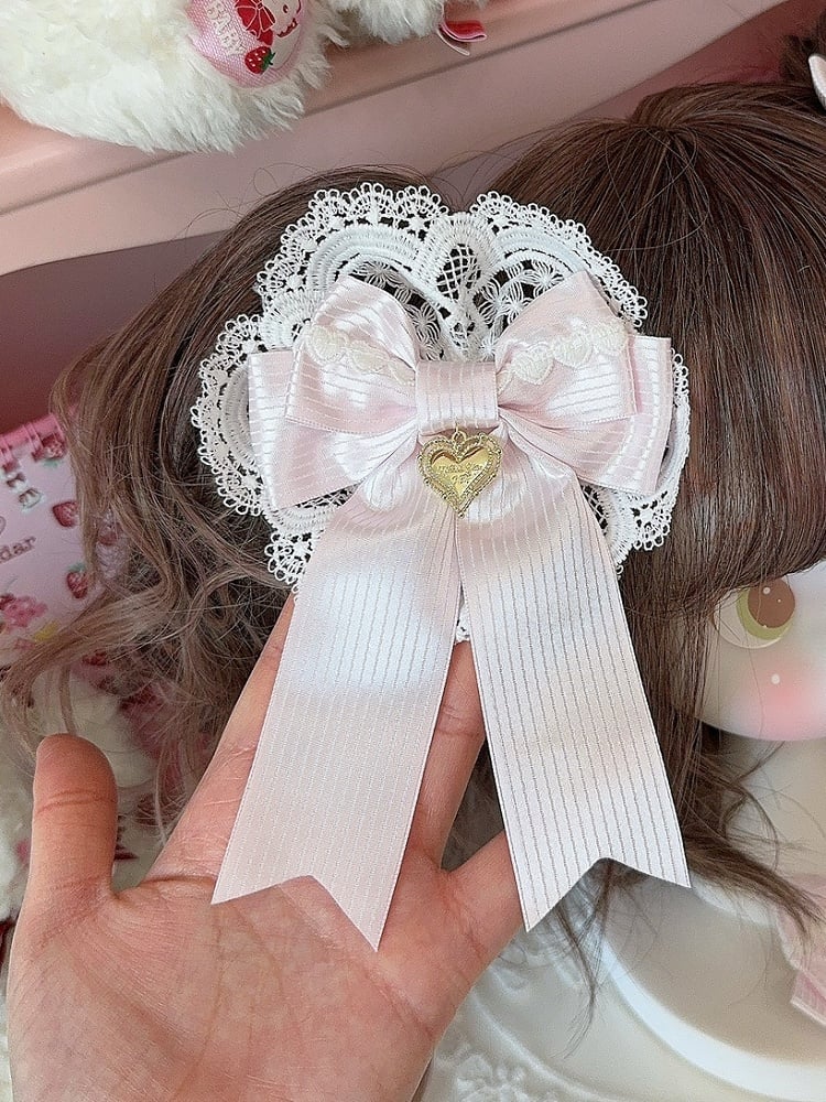 Striped Bowknot Lace Heart Hairclip Charm Pink Pattern Detail