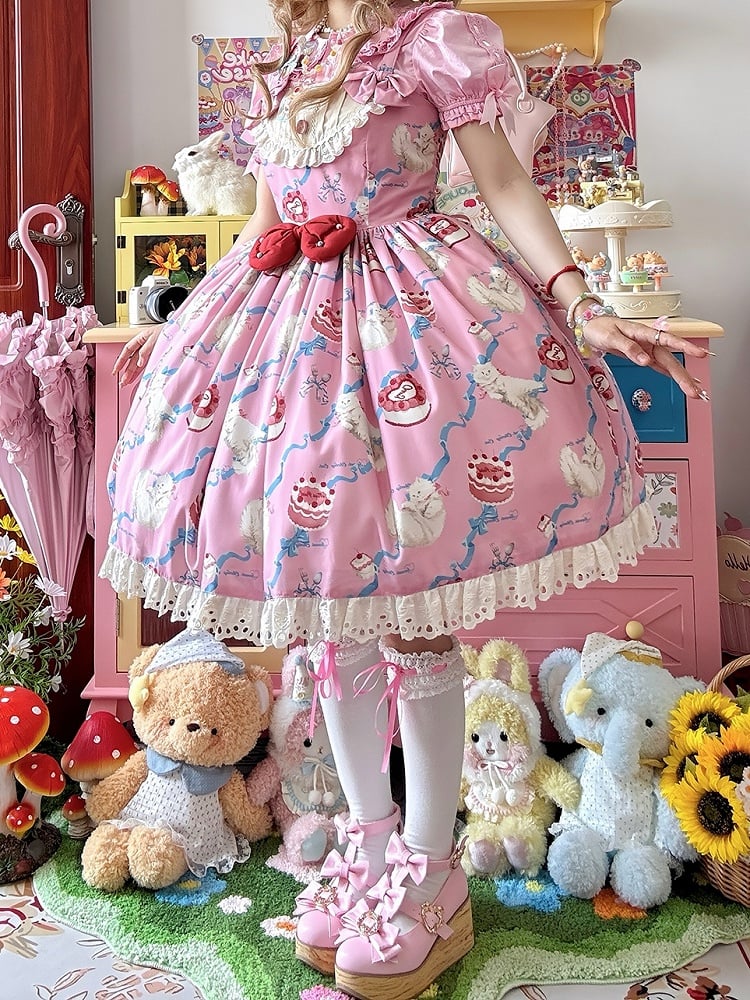 Kitty Cake Fashion Kleid Sweet and Showa Pink Lolita Print Cherry