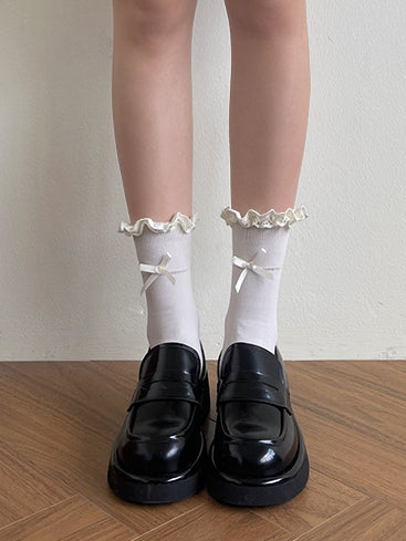 Bowknot Yellow/Beige/Black Socks Lolita Light Trim Lace Decorated