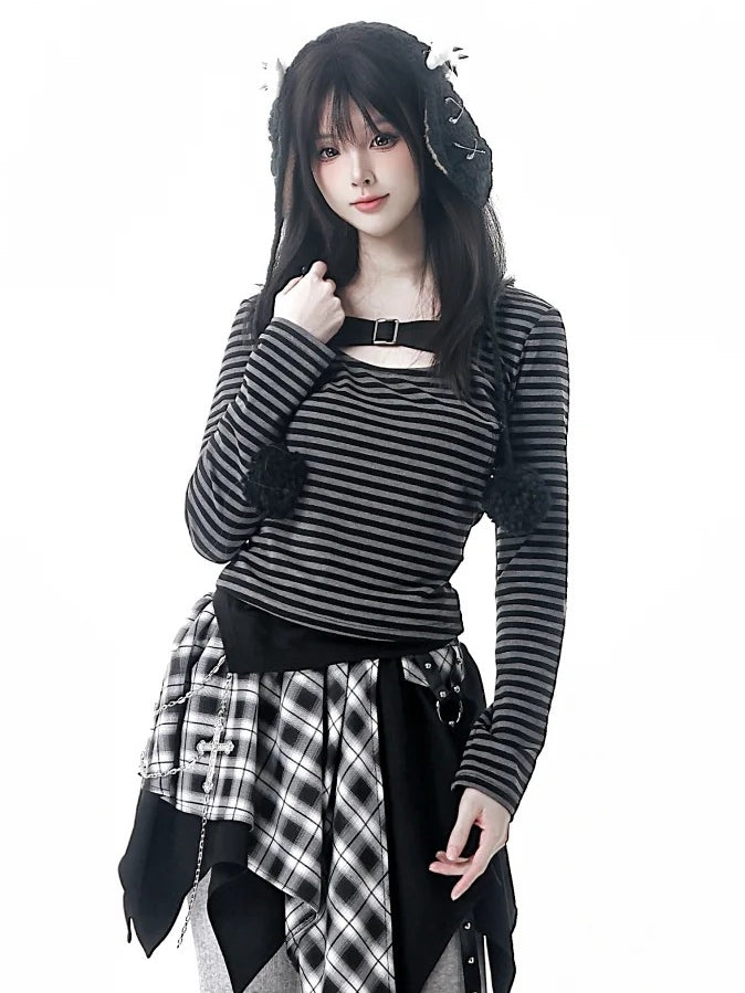 Design Pattern Button Long Slim-fitting with Striped - Black Sleeve Y2K Grey Top Metal