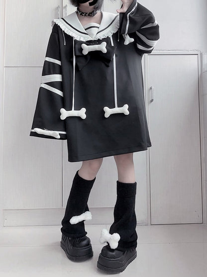 Black Detachable Zip-Shoulder with Collar and Dress Bone White Convertible Sailor Jirai Kei Accents