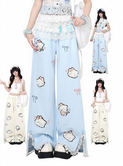 Plush Kitty Embroidery Apricot Straight Leg Pants with Slit & Lace Details - CRAZY GIRL