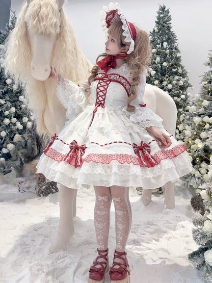 Weiß und Weinrot Schnürung Schleife Akzente Spitzenbesatz Süßes Prinzessinnenkleid Lolita Pulloverrock