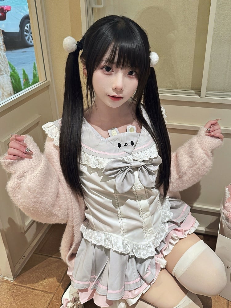 Bow Sailor Mouse Button Blouse Cute - Collar White Themed Gray with Embroidery Front Trim Lace