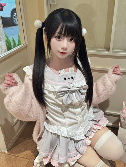 Bow Sailor Mouse Button Blouse Cute - Collar White Themed Gray with Embroidery Front Trim Lace