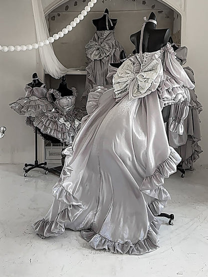 + Schnür-Ballettoberteil, komplettes Set, große Ärmel, Rock, Schleppe, Schleife, Korsett, silberfarben