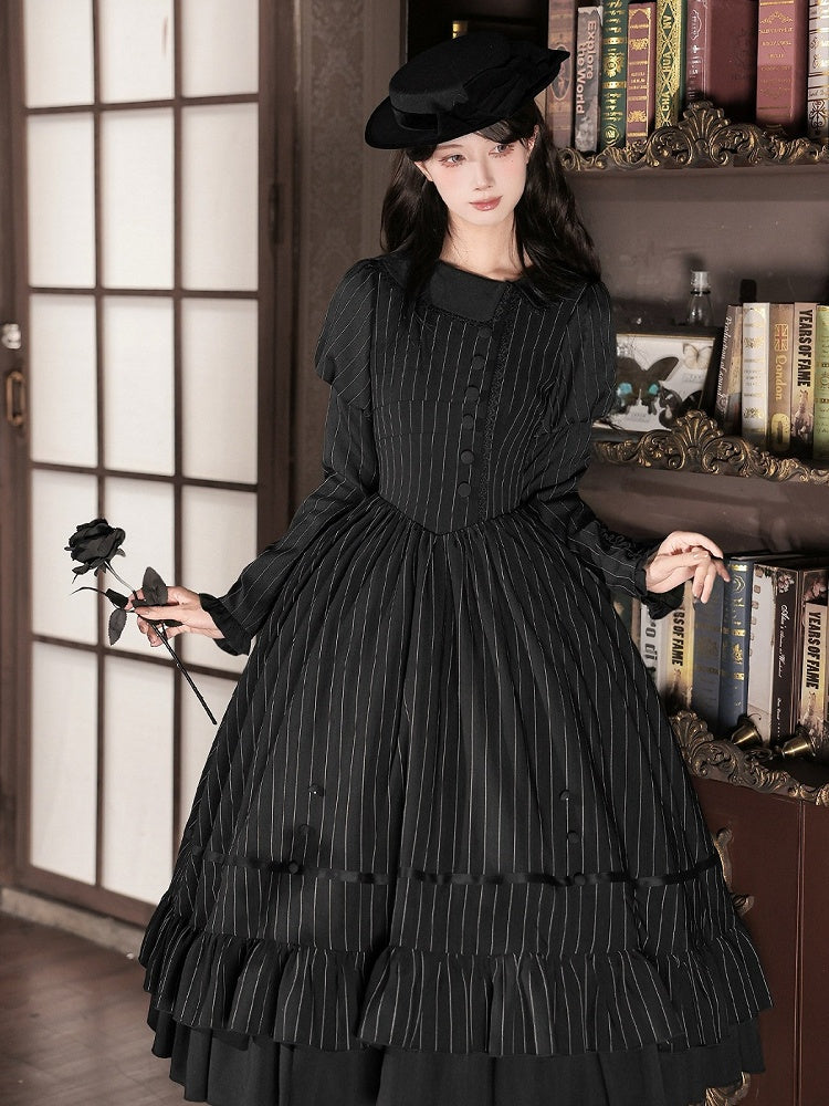 Black Striped Long Sleeve Lolita OP Dress Full Set with Mini Hat & 2-Way Bow Brooch - With PUJI