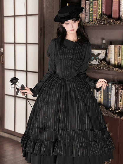 Black Striped Long Sleeve Lolita OP Dress Full Set with Mini Hat & 2-Way Bow Brooch - With PUJI