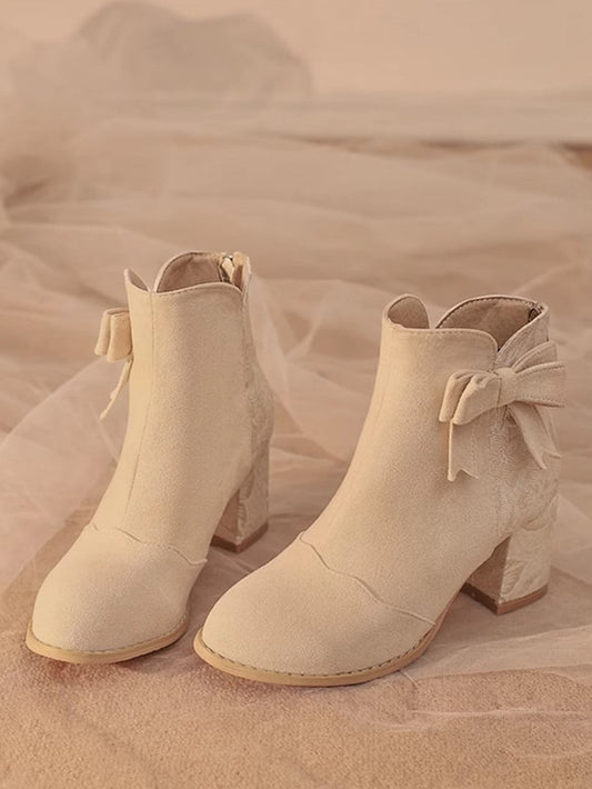 Closures Block and 6.5cm Bow Suede with Back - Accent Beige Boots Satin Version Heel Zip Regular/Thicken Combination