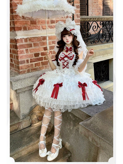 Lolita Red Accents with Sweet Lace Dress Bow White JSK and Princess