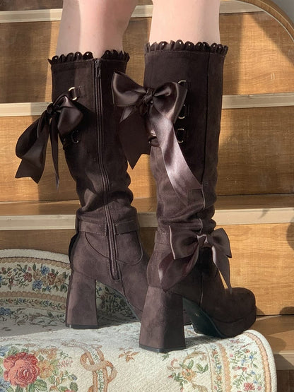 Bow Embellishment Lacing Boots Coffee - Lolita Brown Knee-high Decorative in Elegant