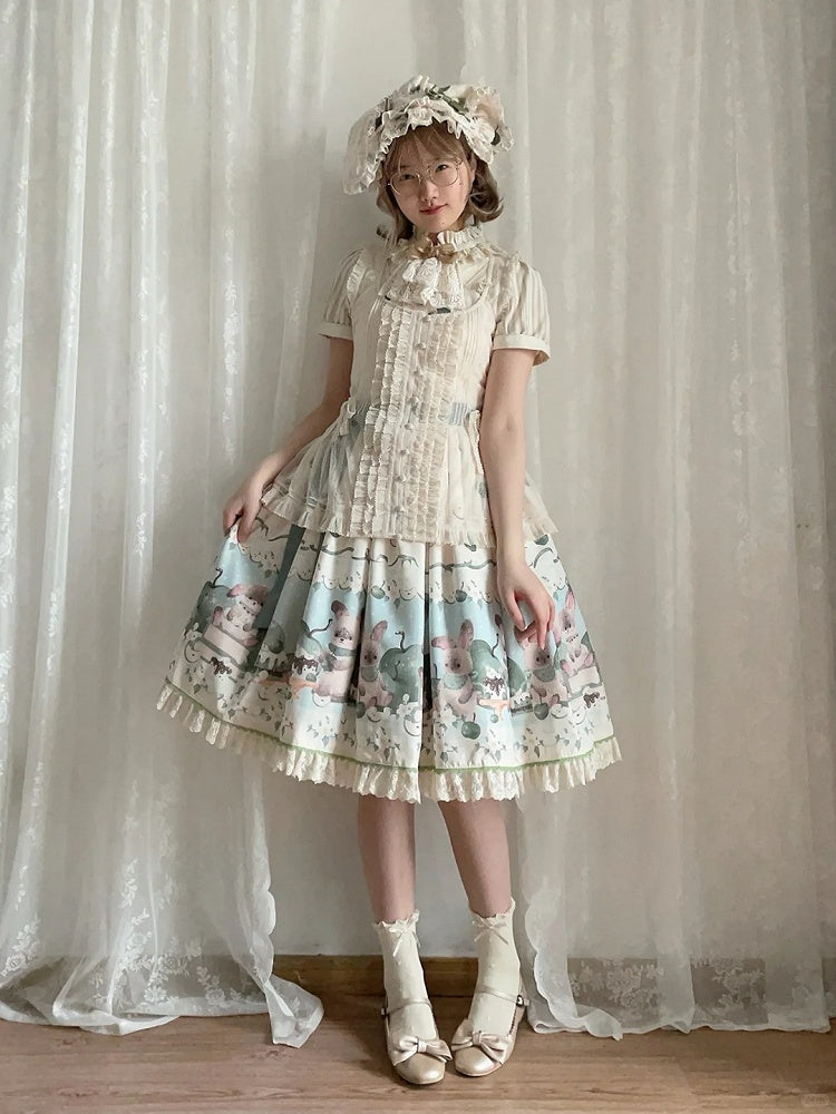 with Green Beige Trim Print Sweet Dress Lace Apple Bunny Lolita and