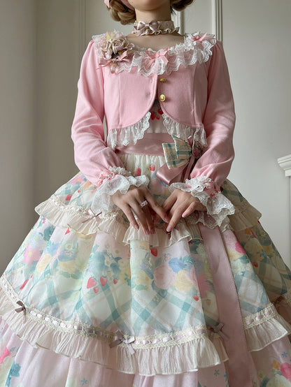 Kurzer rosa Cardigan mit dreifacher Spitze und Schleife, süßes Design