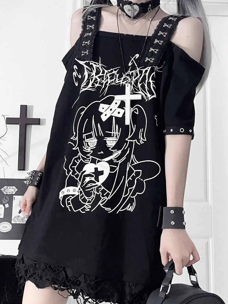 Print Gothic Black Off-Shoulder Subculture Cross-Buckle StrapsAnime Topwith Girl