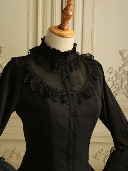 ブラック ジャボタイ フリルネックライン ロングベルスリーブ ブラウス