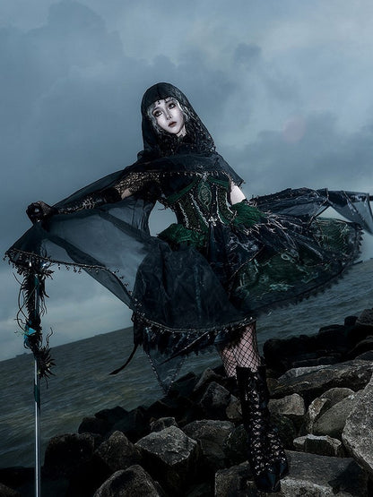 Black & Green Bone Dragon Embroidery Halter Neck Gothic Lolita Dress Set - Ying Luo Fu
