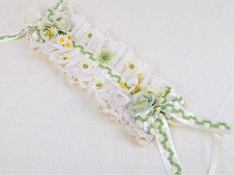 Light White Lace Embroidery Hairband Green Floral