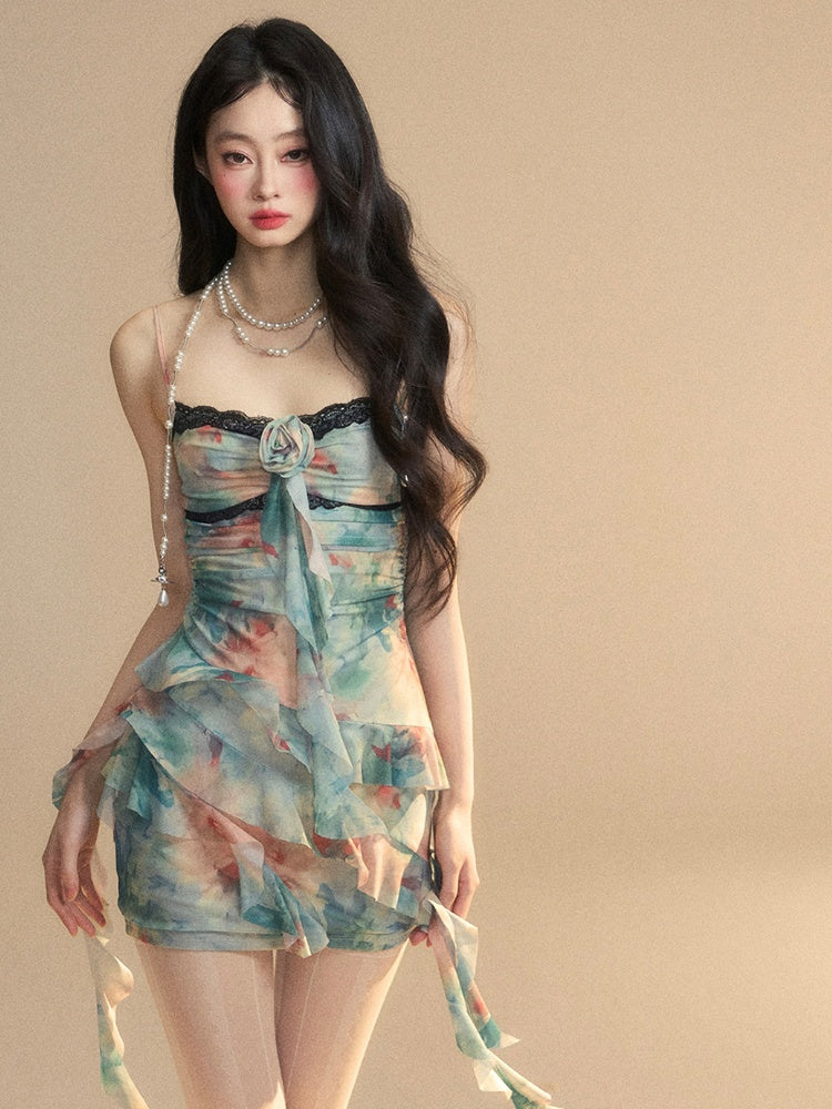 Contrast Floral Cami Dress Blue Asymmetrical Ruffled Hem Trim Lace Black