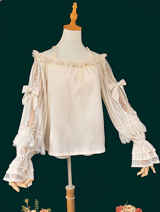 Lace Blouse Trim with Apricot Off-the-shoulder Neckline Lolita Sleeves Semi-sheer and