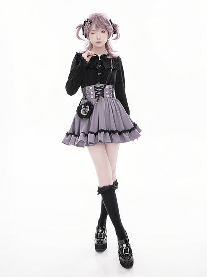 Long Black with Sleeve Lace Kei Detailed Collar Square Beadwork Jirai Blouse Dark Sweetheart