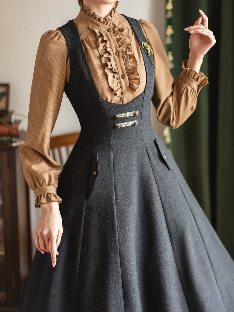 Shirt Long Ruffle Details Light Sleeves Brown with Striped Elegant
