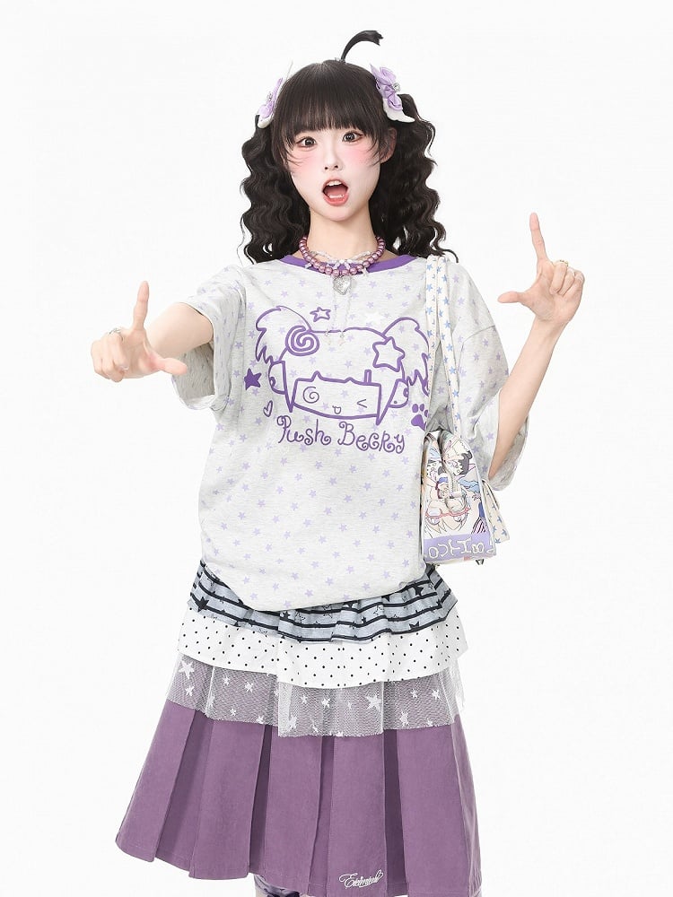 Gray Short Sleeve Tee with Star & Cartoon Girl Design - Languid Park