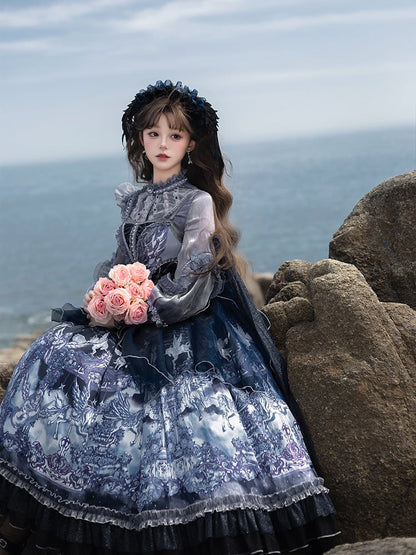 Waist Full Blue Lolita High Set with Jumper Overlay Print Skirt Angel Dark
