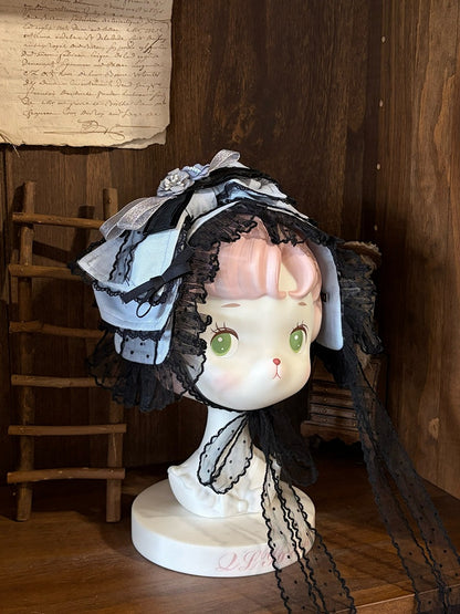 Black-Blue Lolita Bonnet, Hairband & Brooch Set - Aisling