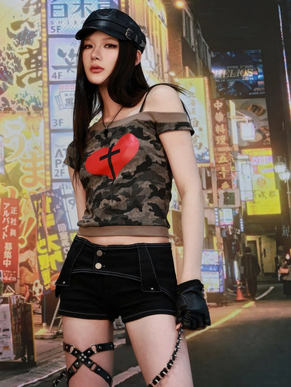 Asymmetrical T-Shirt Neckline Heart and Cross Print Army Green Camo Y2K