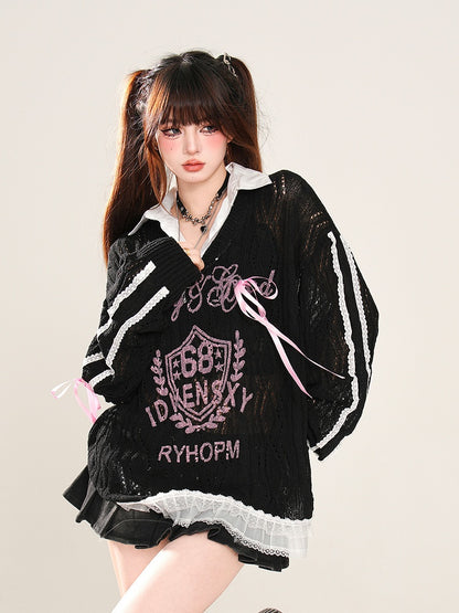 Aprikose/Schwarz Halbtransparent Polo Kragen Sonnenschutz Hohl-out Top Faux